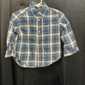 Ralph Lauren Blue and White Plaid Boys Flannel Button-Down Shirt